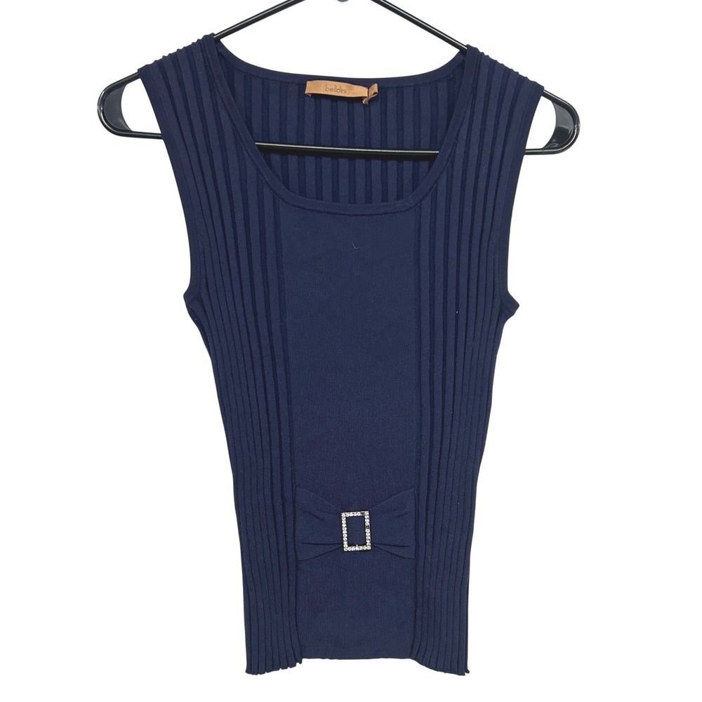 Preppy Rib Knit‎ Bow Buckle Tank XS Navy Sleeveless Y2K Minimalist Parisian Top